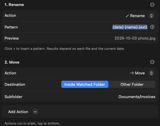 Rename with a date pattern, then move