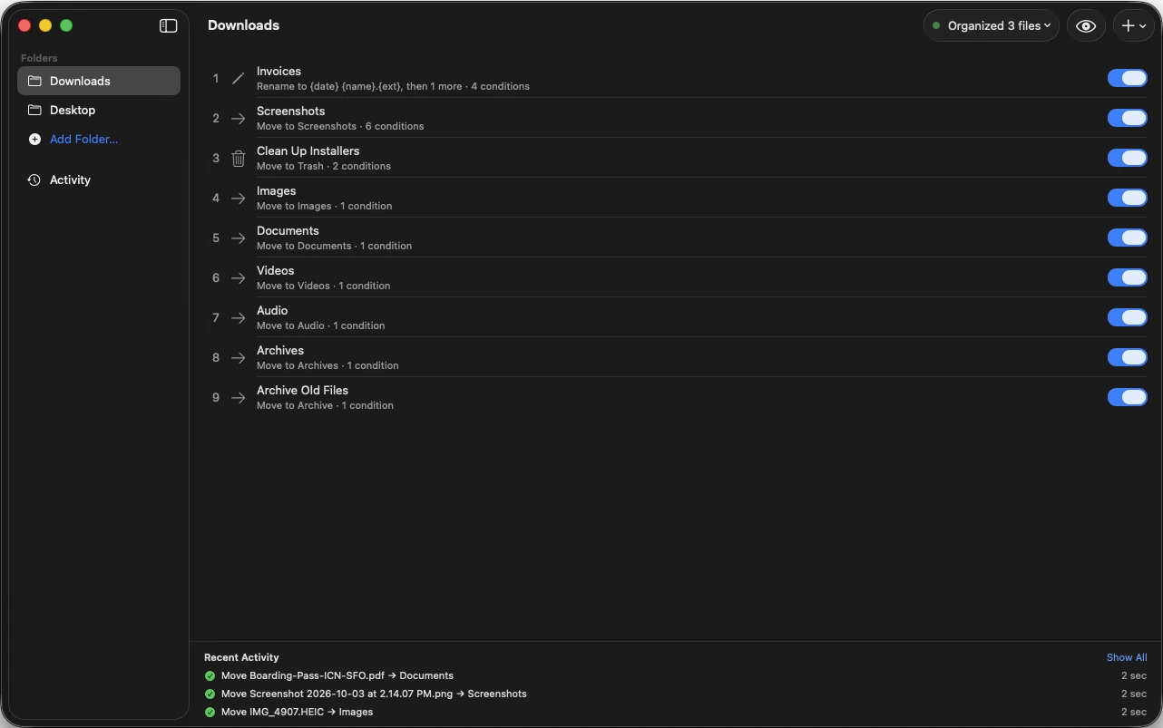 DeskButler rules for the Downloads folder