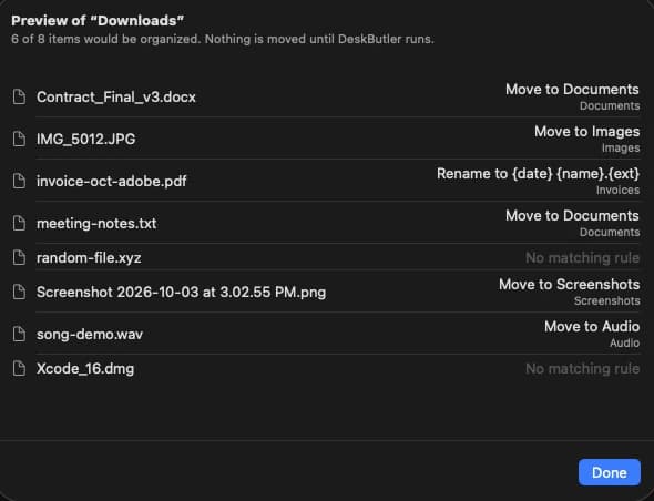 Preview of which rule each file would get