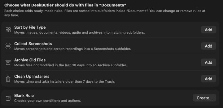 Ready-made rules for a new folder