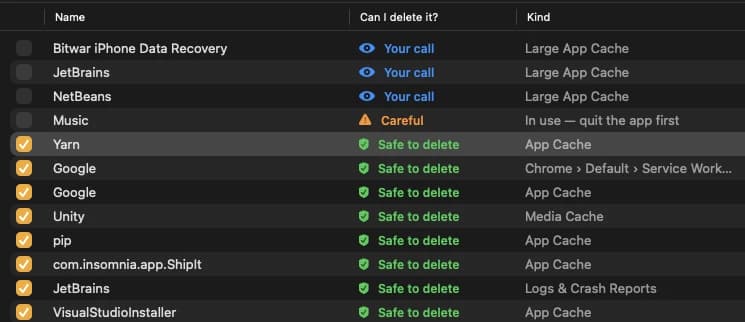 Items labeled by whether they can be deleted
