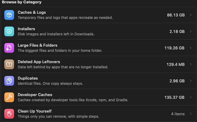 Cleanup categories with sizes