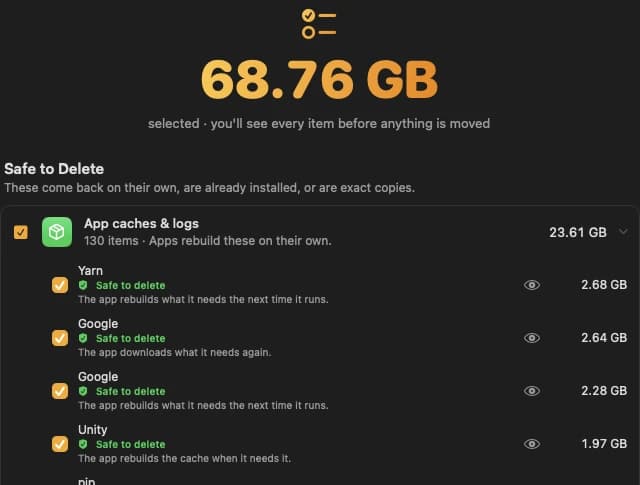 Cleanup plan with items that are safe to delete