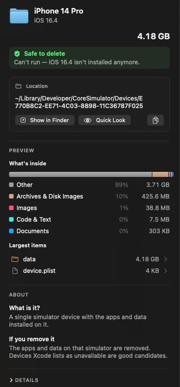 Item details with location, contents and what happens if you remove it