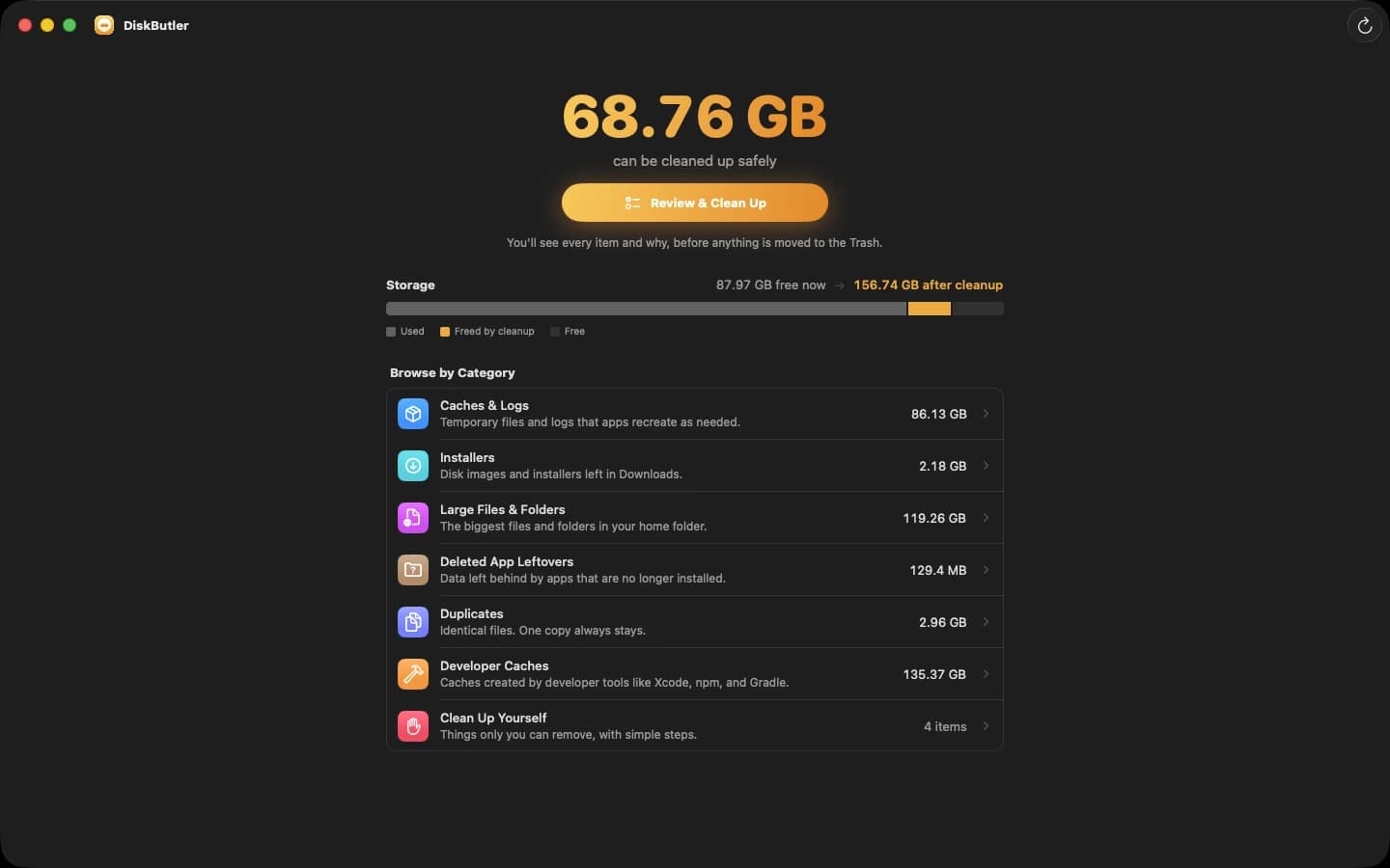 DiskButler overview with space that can be cleaned up