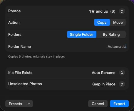 Export window with copy and move options