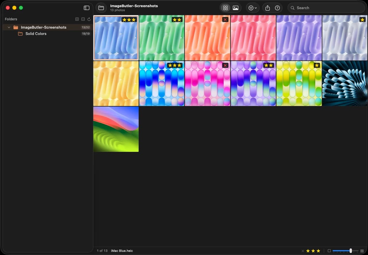 ImageButler grid view with star ratings and rejected photos